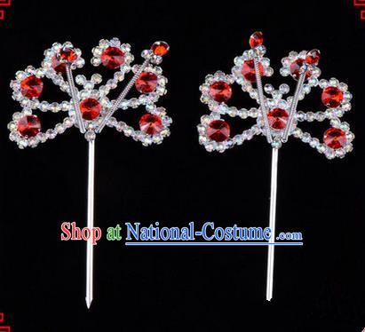 Chinese Ancient Peking Opera Hair Accessories Young Lady Diva Red Crystal Beads Hairpins, Traditional Chinese Beijing Opera Hua Tan Head Ornaments Hair Clasp