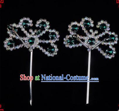 Chinese Ancient Peking Opera Hair Accessories Young Lady Diva Green Crystal Beads Hairpins, Traditional Chinese Beijing Opera Hua Tan Head Ornaments Hair Clasp