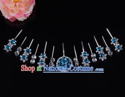 Chinese Ancient Peking Opera Head Accessories Diva Crystal Blue Hairpins Complete Set, Traditional Chinese Beijing Opera Princess Hua Tan Hair Clasp Head-ornaments