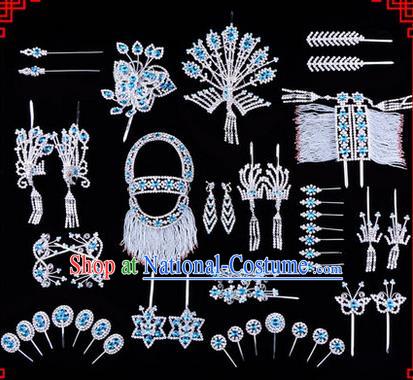 Chinese Ancient Peking Opera Head Accessories Diva Blue Crystal Phoenix Coronet Hairpins, Traditional Chinese Beijing Opera Princess Hua Tan Hair Clasp Head-ornaments Complete Set