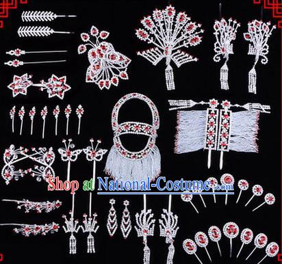 Chinese Ancient Peking Opera Head Accessories Diva Red Crystal Phoenix Coronet Hairpins, Traditional Chinese Beijing Opera Princess Hua Tan Hair Clasp Head-ornaments Complete Set