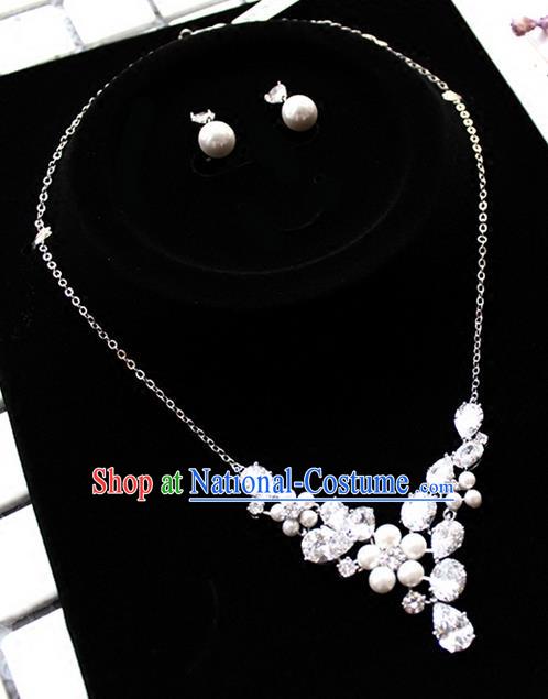 Top Grade Handmade China Wedding Bride Accessories Zircon Necklace and Pearl Earrings, Traditional Princess Wedding Crystal Jewelry for Women