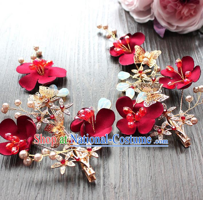 Top Grade Handmade Wedding Bride Hair Accessories Headwear Red Flowers Hair Stick, Traditional Princess Baroque Headpiece for Women