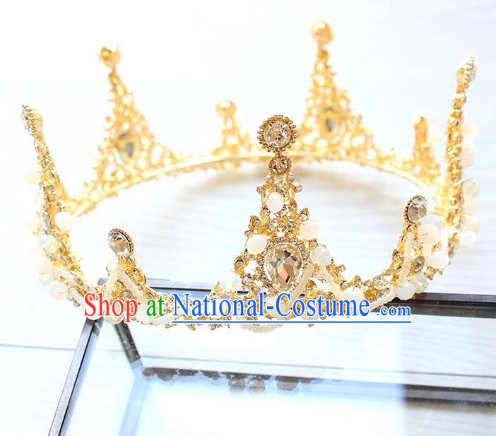 Top Grade Handmade Wedding Hair Accessories Bride Luxury Crystal Round Golden Crown, Traditional Baroque Princess Royal Crown Wedding Headwear for Women