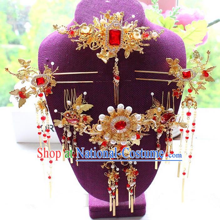 Top Grade Chinese Handmade Wedding Red Jade Hair Accessories Complete Set, Traditional China Xiuhe Suit Bride Phoenix Coronet Tassel Hair Comb Headwear for Women