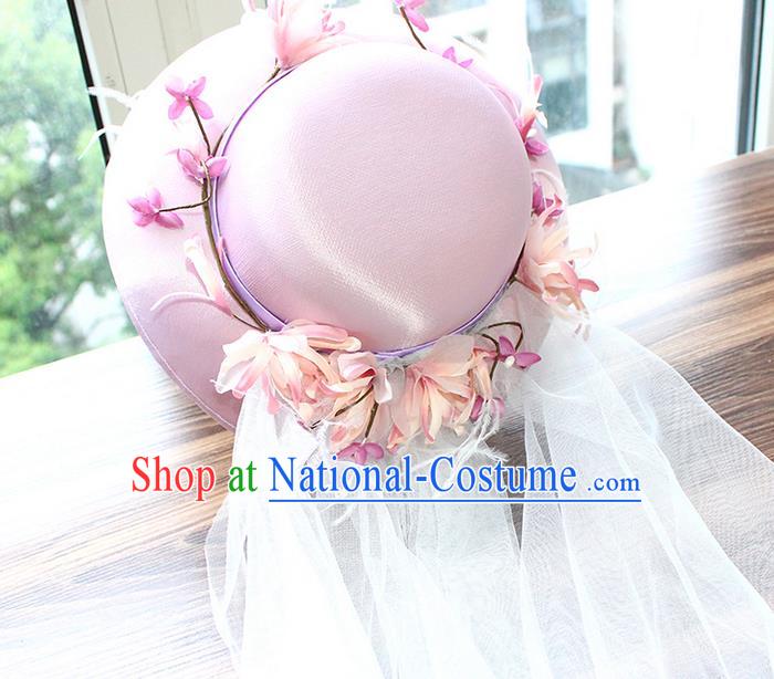 Top Grade Handmade Wedding Bride Hair Accessories Flowers Pink Hat, Traditional Princess Baroque Top Hats Headpiece for Women