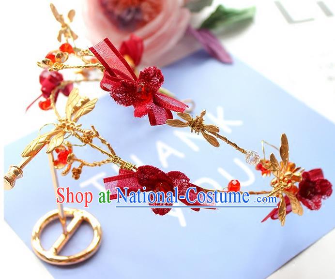 Top Grade Handmade Wedding Bride Hair Accessories Headwear Red Hair Clasp, Traditional Princess Baroque Dragonfly Hair Clips Headpiece for Women