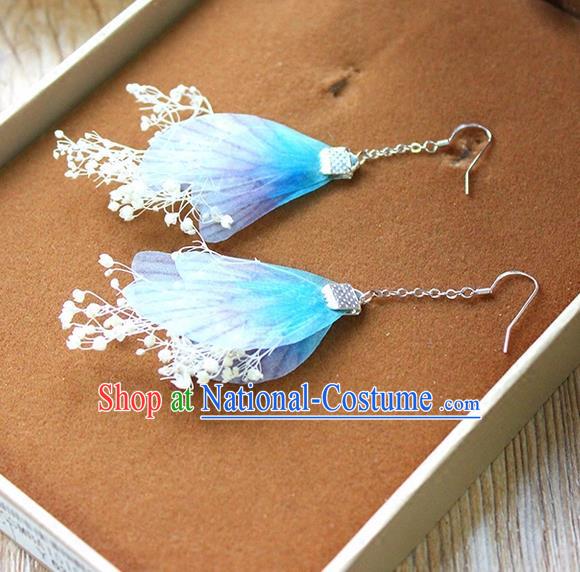 Top Grade Handmade China Wedding Bride Accessories Blue Wing Earrings, Traditional Princess Wedding Earbob Jewelry for Women