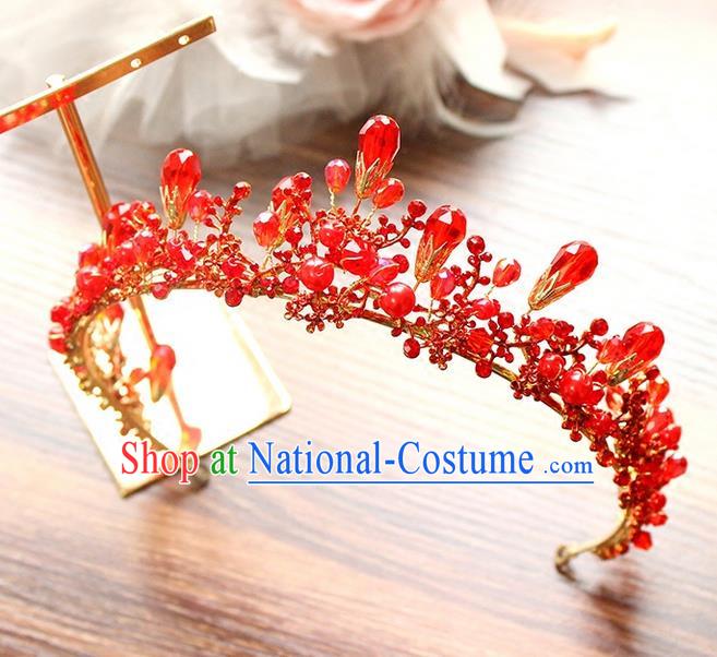 Top Grade Handmade Wedding Hair Accessories Bride Red Crystal Hair Clasp, Traditional Baroque Princess Royal Crown Wedding Headwear for Women