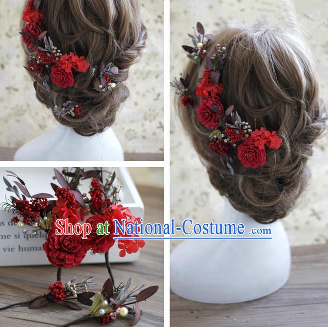 Top Grade Handmade Wedding Bride Hair Accessories Red Flowers Headwear, Traditional Princess Baroque Hair Stick Headpiece Hairpins Complete Set for Women