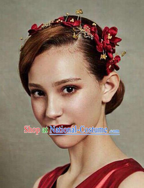 Top Grade Handmade Wedding Bride Hair Accessories Red Flowers Hair Clasp, Traditional Princess Baroque Hair Clips Headpiece for Women