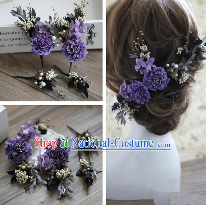 Top Grade Handmade Wedding Bride Hair Accessories Purple Flowers Headwear, Traditional Princess Baroque Hair Stick Headpiece Hairpins Complete Set for Women