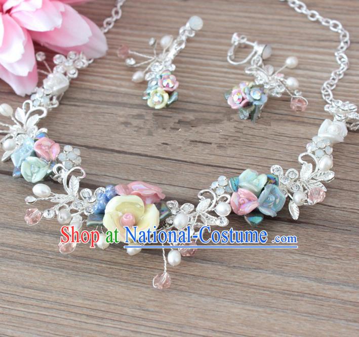 Top Grade Handmade China Wedding Bride Accessories Ceramics Flowers Pearl Necklace and Earrings, Traditional Princess Wedding Earbob Jewelry for Women