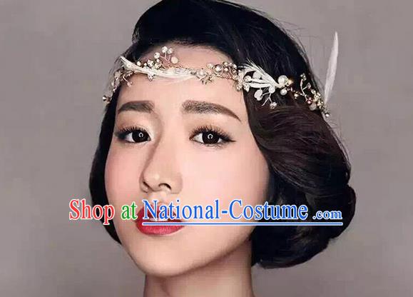 Top Grade Handmade Wedding Bride Hair Accessories Feather Headband, Traditional Princess Baroque Hair Clasp Headpiece for Women