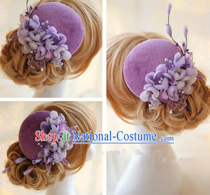 Top Grade Handmade Wedding Bride Hair Accessories Hat, Traditional Princess Baroque Purple Flowers Top Hat Headpiece for Women