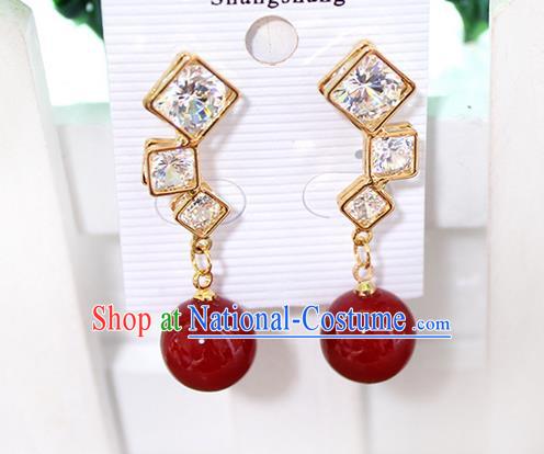 Top Grade Handmade China Wedding Bride Accessories Red Pearl Earrings, Traditional Princess Wedding Crystal Earbob Jewelry for Women