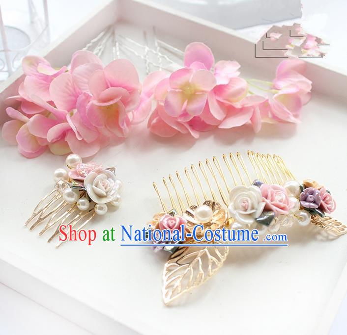 Top Grade Handmade Wedding Bride Hair Accessories Pink Flower Hairpins and Hair Combs, Traditional Princess Baroque Headband Headpiece for Women