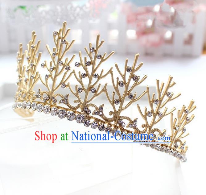 Top Grade Handmade Wedding Hair Accessories Bride Golden Hair Crown, Traditional Baroque Princess Crystal Royal Crown Wedding Headwear for Women