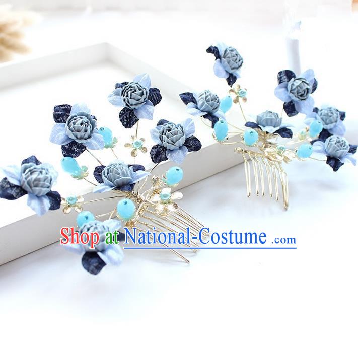 Top Grade Handmade Wedding Bride Hair Accessories Blue Flowers Hair Combs, Traditional Princess Baroque Hair Stick Headpiece for Women