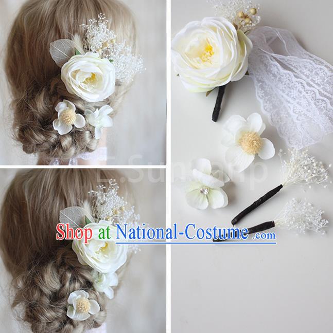 Top Grade Handmade Wedding Bride Hair Accessories White Flowers Hair Clips Complete Set, Traditional Princess Baroque Hair Stick Headpiece for Women