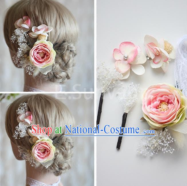 Top Grade Handmade Wedding Bride Hair Accessories Pink Flowers Hair Clips Complete Set, Traditional Princess Baroque Hair Stick Headpiece for Women