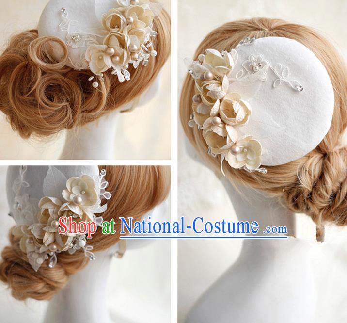 Top Grade Handmade Wedding Bride Hair Accessories Lace Hat, Traditional Princess Baroque Beige Flowers Top Hat Headpiece for Women