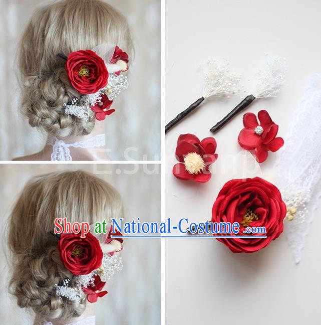 Top Grade Handmade Wedding Bride Hair Accessories Red Flowers Hair Clips Complete Set, Traditional Princess Baroque Hair Stick Headpiece for Women