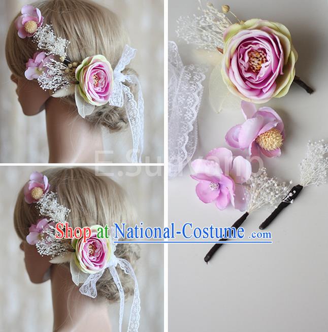 Top Grade Handmade Wedding Bride Hair Accessories Pink Flowers Hair Clips Complete Set, Traditional Princess Baroque Hair Stick Headpiece for Women