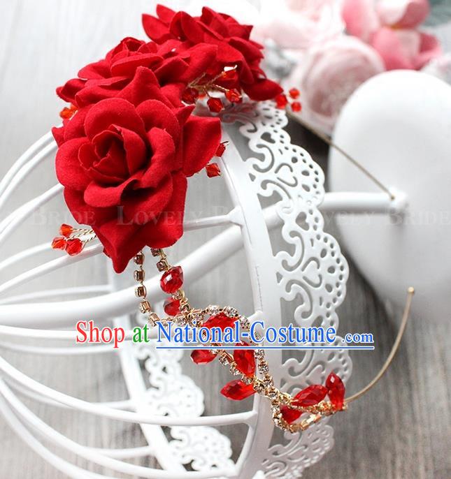 Top Grade Handmade Wedding Bride Hair Accessories Red Flowers Headband, Traditional Princess Baroque Rose Hair Clasp Headpiece for Women