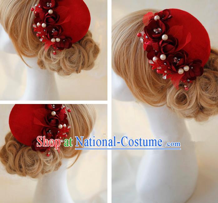 Top Grade Handmade Wedding Bride Hair Accessories Lace Hat, Traditional Princess Baroque Red Flowers Top Hat Headpiece for Women