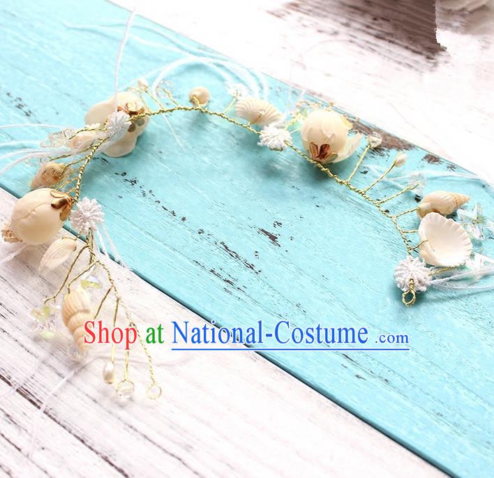 Top Grade Handmade Wedding Bride Hair Accessories Beige Shell Headband, Traditional Princess Baroque Hair Clasp Headpiece for Women