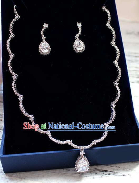 Top Grade Handmade China Wedding Bride Accessories Zircon Earrings and Necklace, Traditional Princess Wedding Crystal Clavicle Chain Necklace Earbob Jewelry for Women