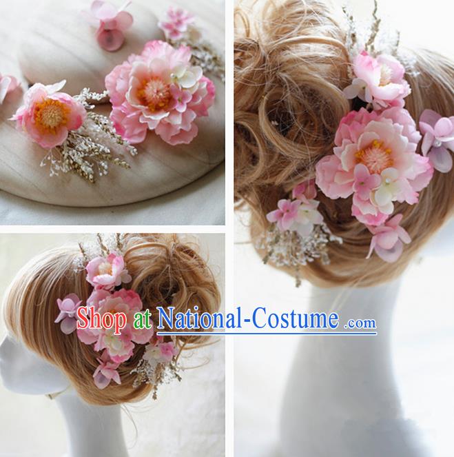 Top Grade Handmade Wedding Bride Hair Accessories Pink Silk Flower Hair Stick Complete Set, Traditional Princess Baroque Hairpins Headpiece for Women