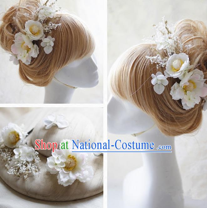 Top Grade Handmade Wedding Bride Hair Accessories White Silk Flower Hair Stick Complete Set, Traditional Princess Baroque Hairpins Headpiece for Women