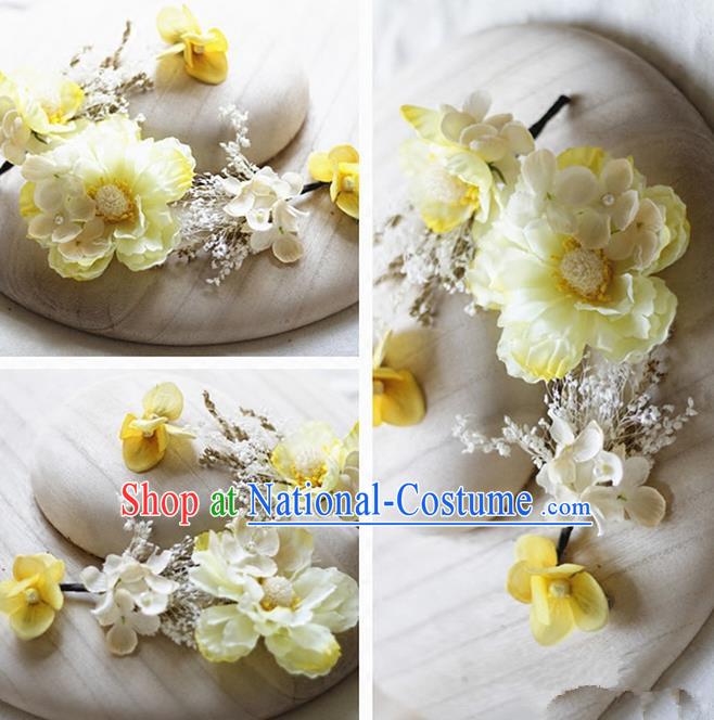 Top Grade Handmade Wedding Bride Hair Accessories Yellow Silk Flower Hair Stick Complete Set, Traditional Princess Baroque Hairpins Headpiece for Women