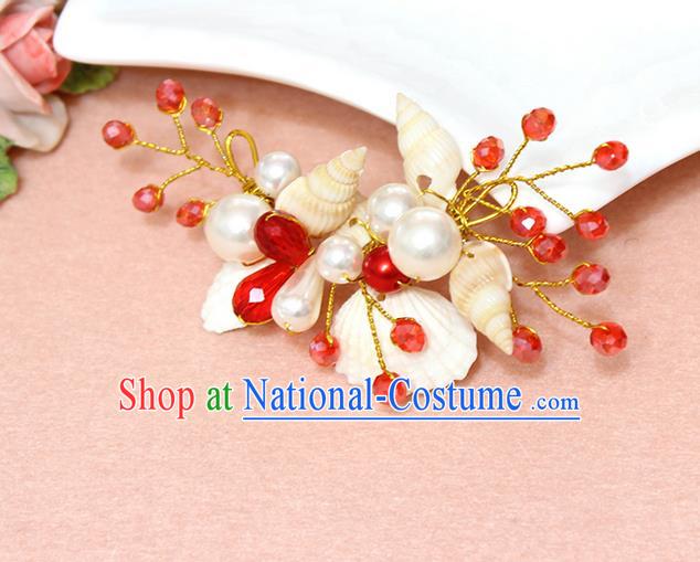 Top Grade Handmade Wedding Bride Hair Accessories Pearl Shell Hair Claws, Traditional Princess Baroque Red Beads Hair Stick Headpiece for Women