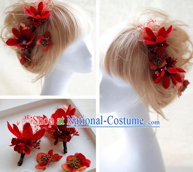 Top Grade Handmade Wedding Bride Hair Accessories Red Flowers Hair Claws, Traditional Princess Baroque Hairpin Headpiece for Women