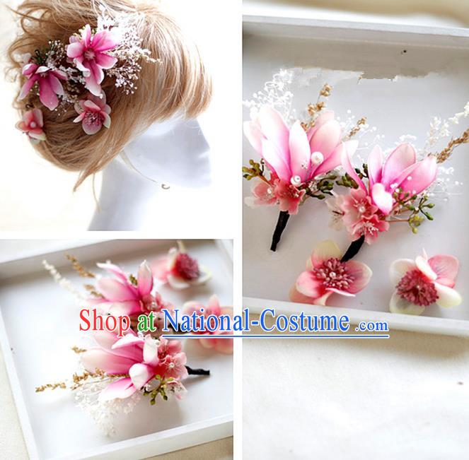 Top Grade Handmade Wedding Bride Hair Accessories Pink Flowers Hair Claws, Traditional Princess Baroque Hairpin Headpiece for Women