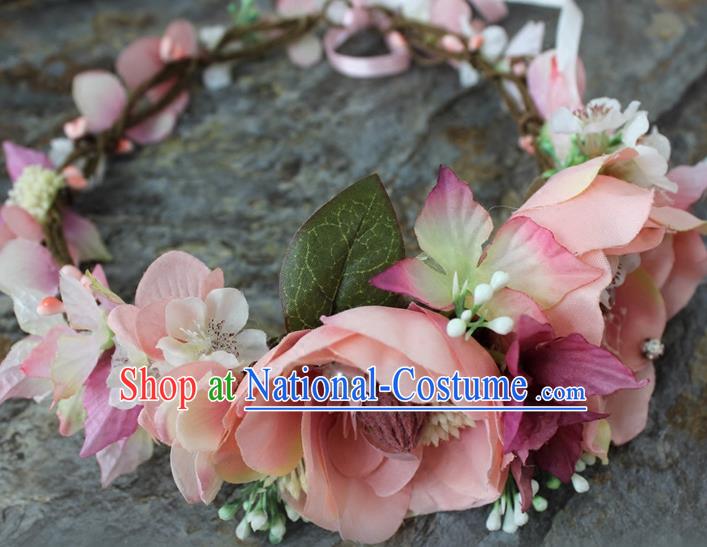 Top Grade Handmade Wedding Bride Hair Accessories Pink Flowers Garland, Traditional Princess Baroque Hair Clips Headpiece for Women