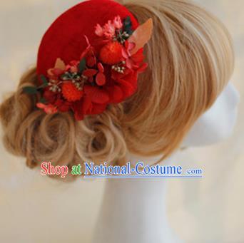 Top Grade Handmade Wedding Bride Hair Accessories Red Flowers Hats, Traditional Princess Baroque Top Hat Headpiece for Women