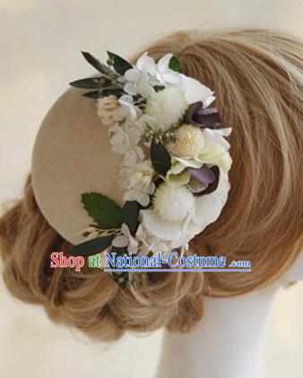 Top Grade Handmade Wedding Bride Hair Accessories Beige Flowers Hats, Traditional Princess Baroque Top Hat Headpiece for Women