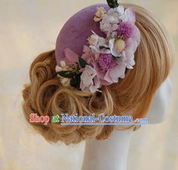 Top Grade Handmade Wedding Bride Hair Accessories Purple Flowers Hats, Traditional Princess Baroque Top Hat Headpiece for Women