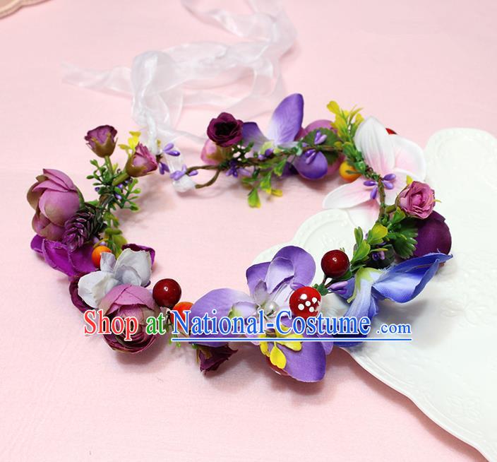 Top Grade Handmade Wedding Hair Accessories Bride Purple Flowers Garland, Traditional Princess Baroque Hair Clips Headpiece for Women