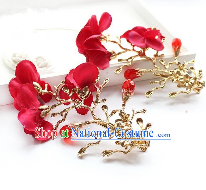 Top Grade Handmade Wedding Bride Hair Accessories Red Flowers Hair Stick, Traditional Princess Baroque Hair Clips Headpiece for Women