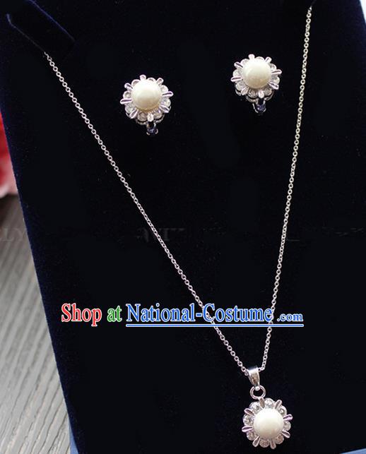 Top Grade Handmade China Wedding Bride Accessories Pearl Necklace and Earrings, Traditional Princess Wedding Zircon Earbob Jewelry for Women