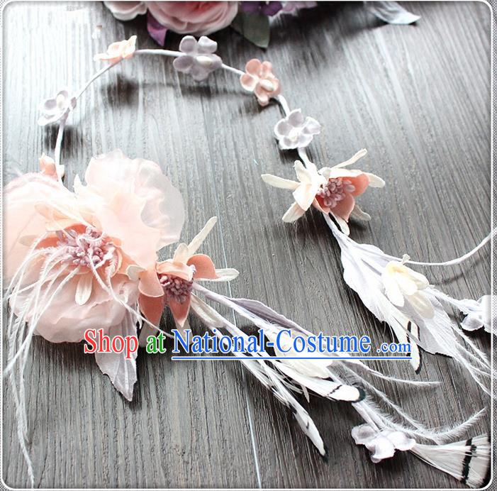 Top Grade Handmade Wedding Bride Hair Accessories Pink Feather Hair Clasp, Traditional Princess Baroque Hair Stick Headpiece Hairpins for Women