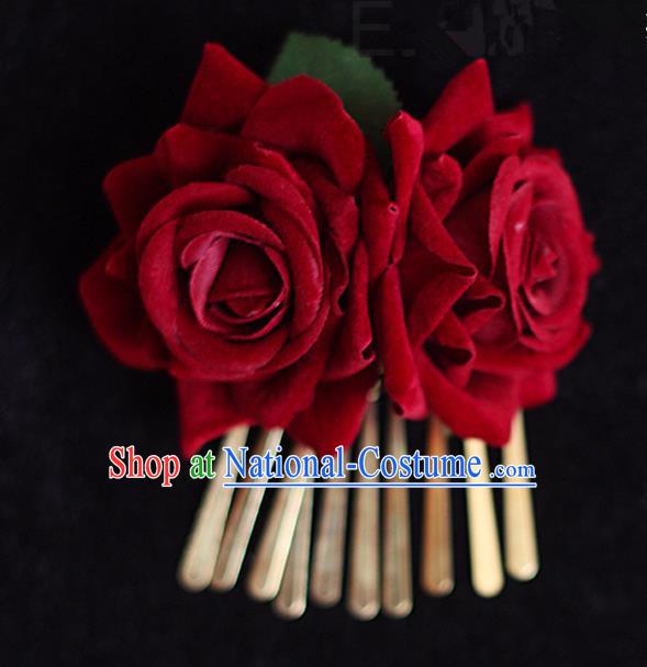 Top Grade Handmade Wedding Bride Hair Accessories Red Rose Hair Claw, Traditional Princess Baroque Hair Stick Headpiece Hairpins for Women