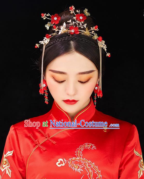 Top Grade Chinese Handmade Wedding Red Flowers Hair Accessories Complete Set, Traditional China Xiuhe Suit Bride Phoenix Coronet Butterfly Tassel Hairpins Headwear for Women