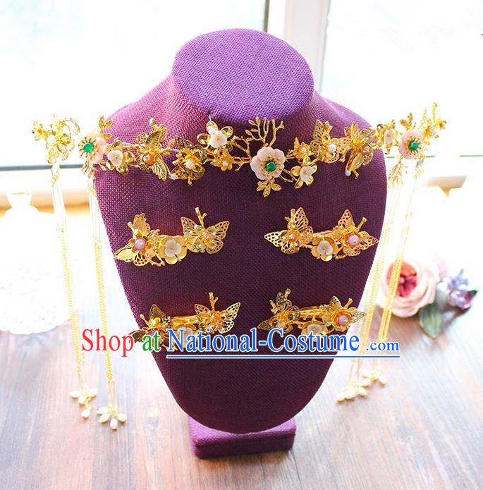 Top Grade Chinese Handmade Wedding Red Flowers Hair Accessories Complete Set, Traditional China Xiuhe Suit Bride Phoenix Coronet Butterfly Hairpins Headwear for Women