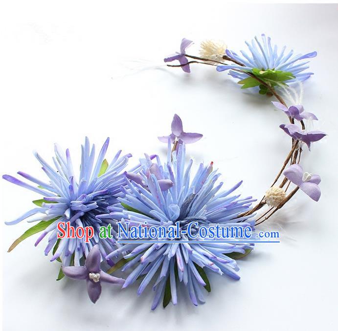 Top Grade Handmade Wedding Bride Hair Accessories Blue Flowers Hair Clasp, Traditional Princess Baroque Flowers Headband Headpiece for Women